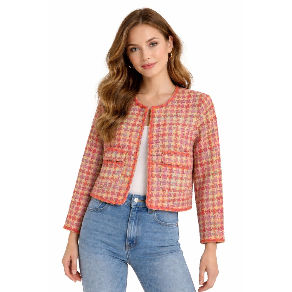 Katherine New York Knit Jacket Women's Size Medium Pink Orange Tweed Houndstooth